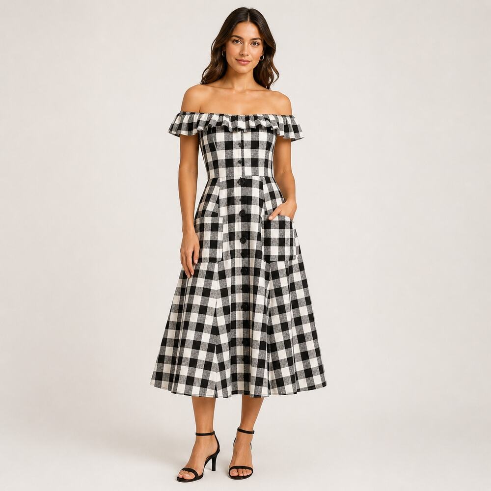 Reformation Black and White Gingham Off-Shoulder Midi Dress